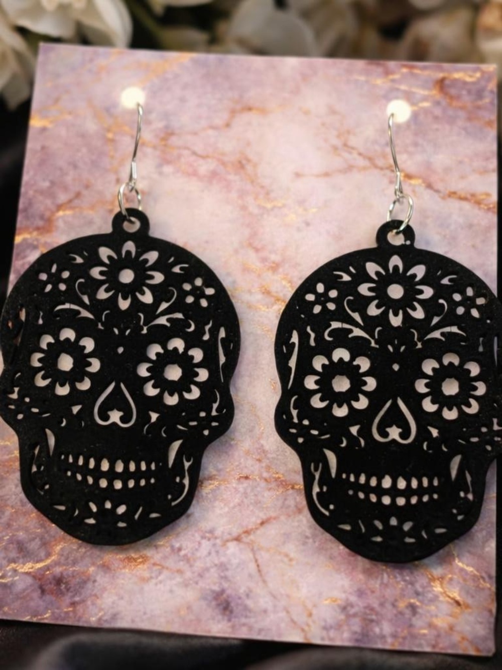 Black Floral Sugar Skull Dangle Earrings - Women Jewelry